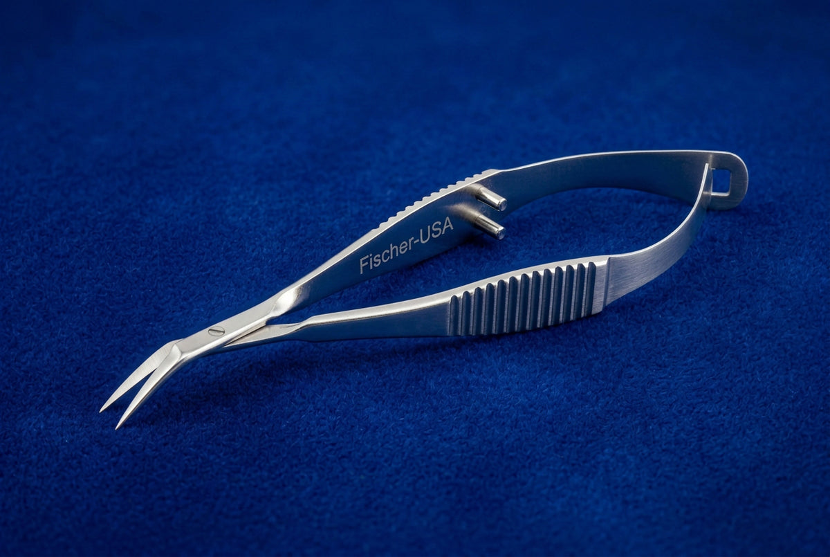 FS7691 Gills -Vannas Angled Micro Scissors, Serrated Handle w/ Polished Finish, 7mm Blades, Sharp Pointed Tips, 13mm mid screw to tip, OAL 3 3/8" (86mm)