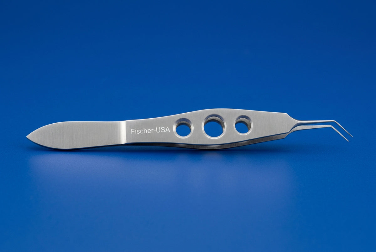FF6643G Kelman–McPherson Forceps – Smooth Jaws – 7.5mm Long Platform – Angled – Long Handle with Haptic Groove
